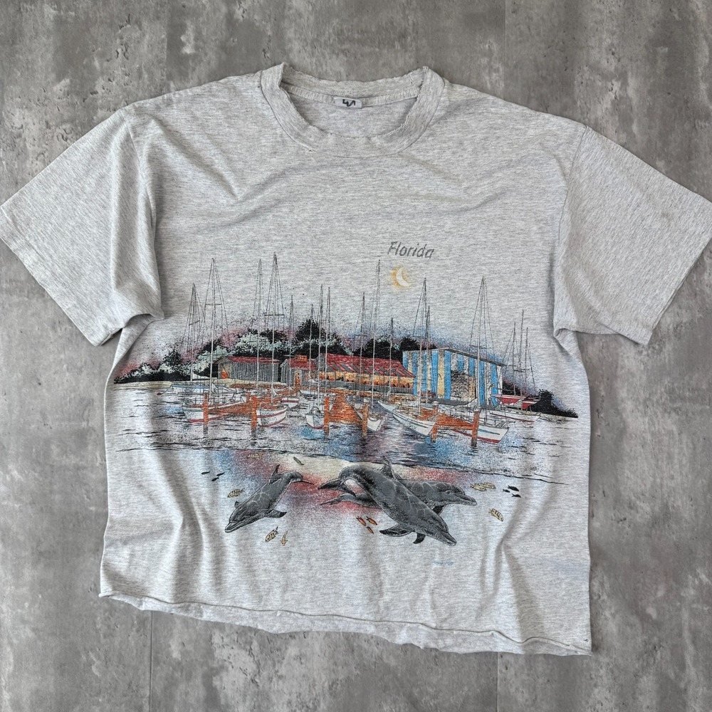 Vintage Florida T-Shirt Mens XL Gray Double Sided USA Dolphins Art Nature 90s